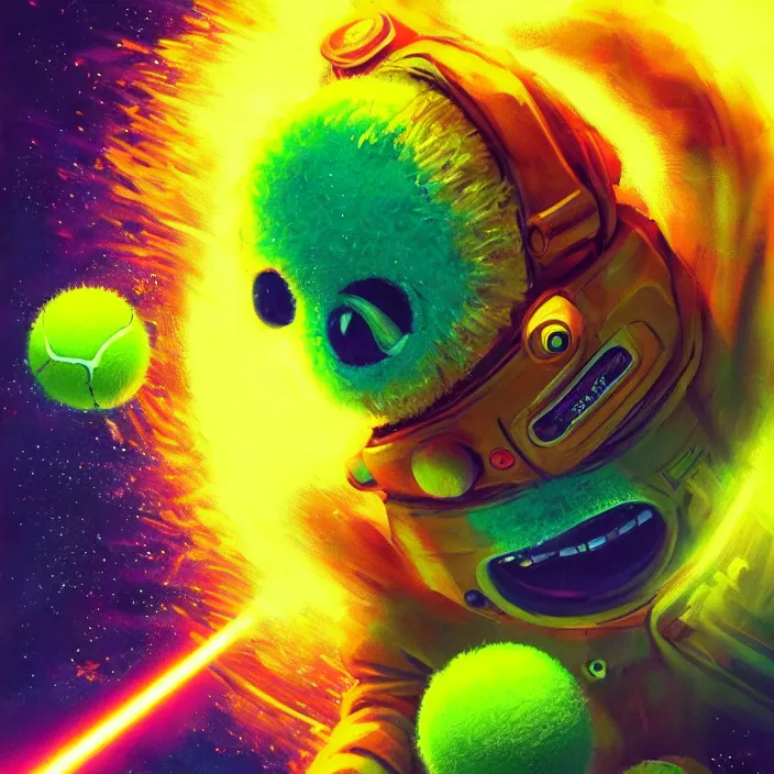 Image similar to cinematic portrait of a cute tennis ball monster in space, neon lasers, chalk, masterpiece, trending on artstation, featured on pixiv, cinematic composition, dramatic pose, beautiful lighting, sharp details, hyper - detailed, hd, hdr, 4 k, 8 k, art by basil gogos