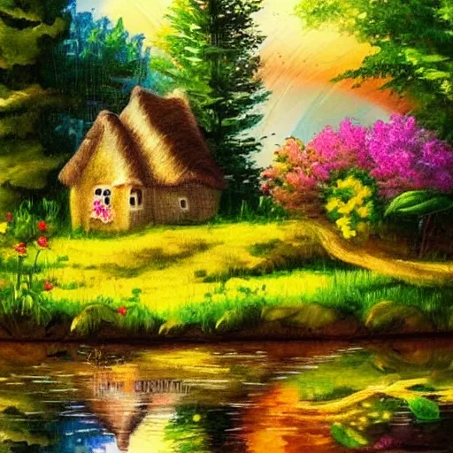 Prompt: a beautiful cottage in the forest, water painting, sun lit, flowers, rainbow