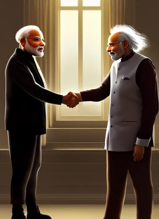 Prompt: portrait, Narendra Modi shaking hands with Albert Einstein , dramatic lighting, cinematic, establishing shot, extremely high detail, foto realistic, cinematic lighting, post processed, concept art, artstation, style by eddie mendoza, raphael lacoste, alex ross