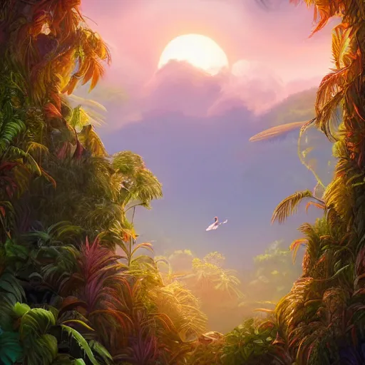 Image similar to a weasel in a jungle!, mist, tropical trees, vines, birds, sunset!, fluffy clouds, warm colors, beautiful lighting, digital art, intricate details, trending on artstation