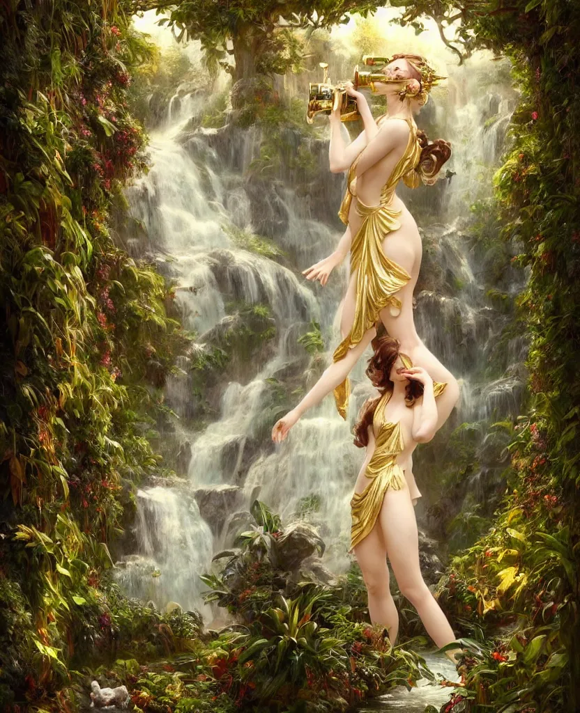 Image similar to hyper realistic photographer looking through a vintage medium format camera, magic pouring from lens, fantasy castle, full body waterfall dress, design on white background, beautiful details, lush foliage cyberpunk, gold, drawn by john singer sargent, tom bagshaw, norman rockwell, alphonso mucha, lolish, trending on artstation