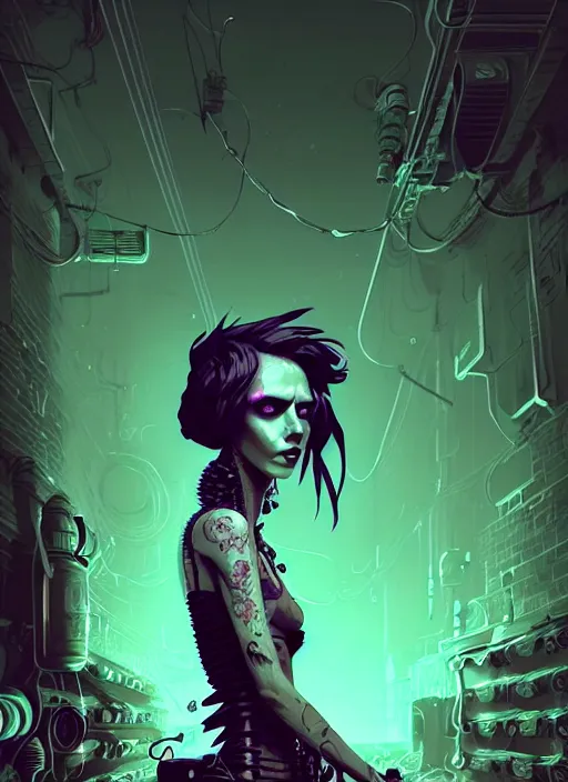 Image similar to highly detailed portrait of an moody wasteland punk long dripping green poison hair tribal lady, stray wiring by atey ghailan, james gilleard, by joe fenton, by greg rutkowski, by greg tocchini, by kaethe butcher, 4 k resolution, gradient purple, brown black and white color scheme!!! ( ( green flaming robotic sewer background ) )