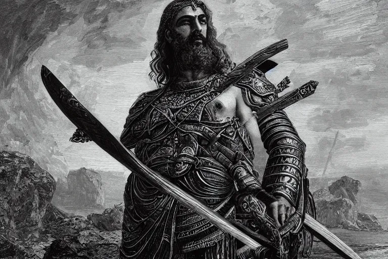 Prompt: highly detailed picture of great greek warrior with a spear, edge of the universe, symmetrical face, cinematic romantic magical, greek myth, masterpiece, from the book by gene wolfe, highly detailed painting by gustave dore