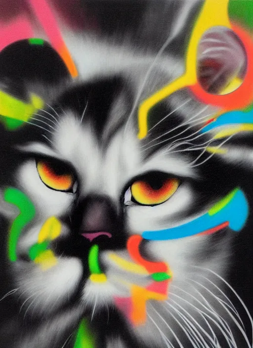 Image similar to futuristic lasers tracing, laser cat, selkirk rex longhair, by steven meisel, kaws, rolf armstrong, mondrian, kandinsky, perfect geometry abstract acrylic, octane hyperrealism photorealistic airbrush collage painting, dark monochrome, fluorescent colors, minimalist rule of thirds, eighties eros