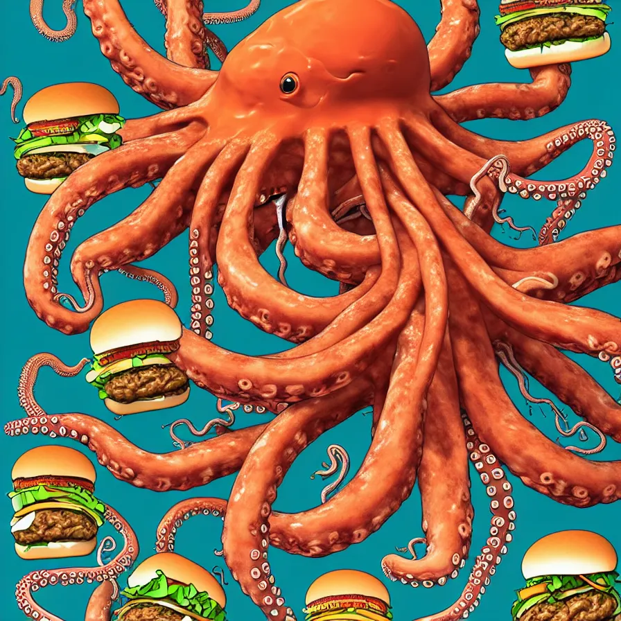 Prompt: ultra detailed anatomy textbook illustration of a giant octopus holding many burgers, tentacles wrapped around burgers, artstation, 8 k