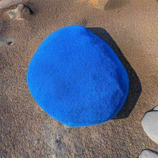 Prompt: a boulder in Joshua Tree completely coveted in blue felt fabric