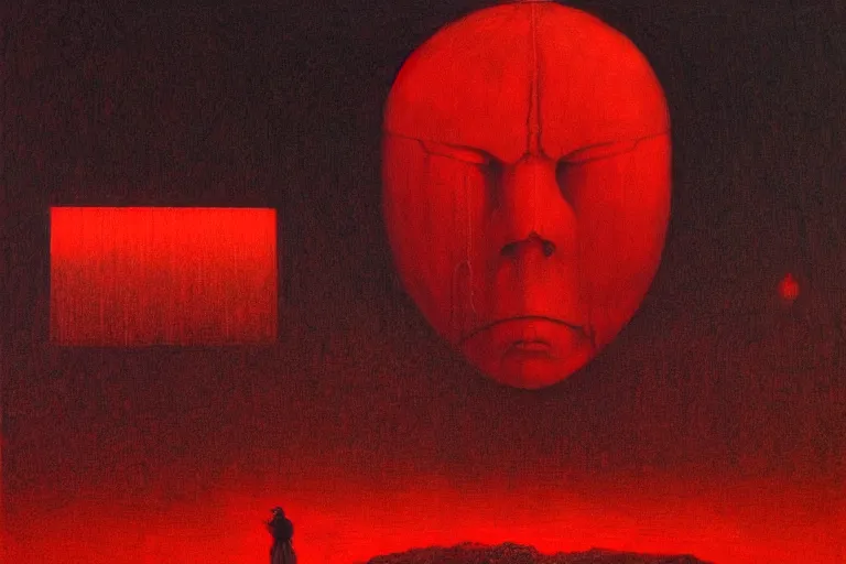 Image similar to only with red, a red shinigami eat apple, mars in background, an ancient path, in the style of beksinski, part by hopper, part by rodcenko, part by hofbauer, intricate composition, red by caravaggio, insanely quality, highly detailed, masterpiece, red light, artstation