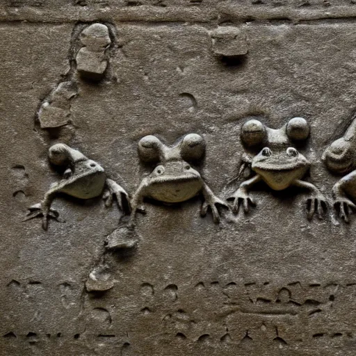 Image similar to ancient hieroglyphic relief of a group of frogs, 40mm lens, shallow depth of field, split lighting