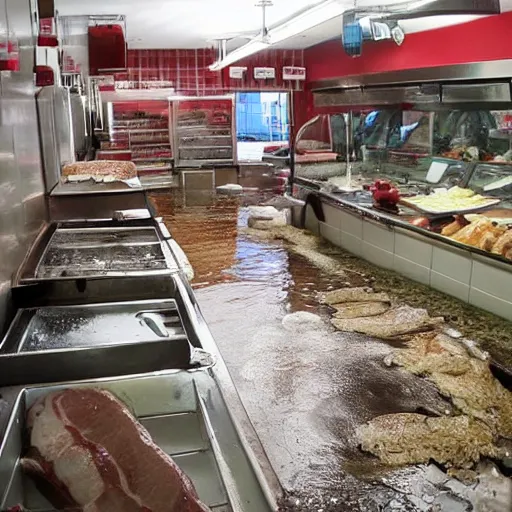 Image similar to a flooded butcher shop, where's wally