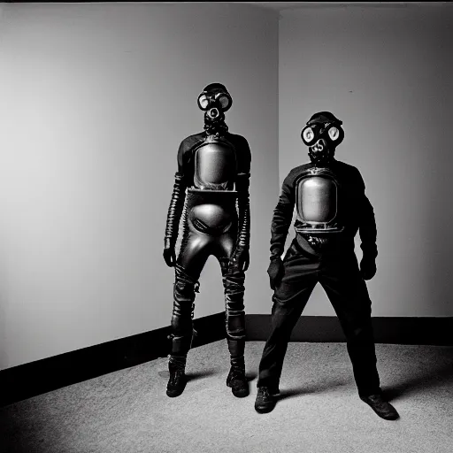 Prompt: portrait of a man with gasmask in the empty room, black & white photo by annie leibovitz