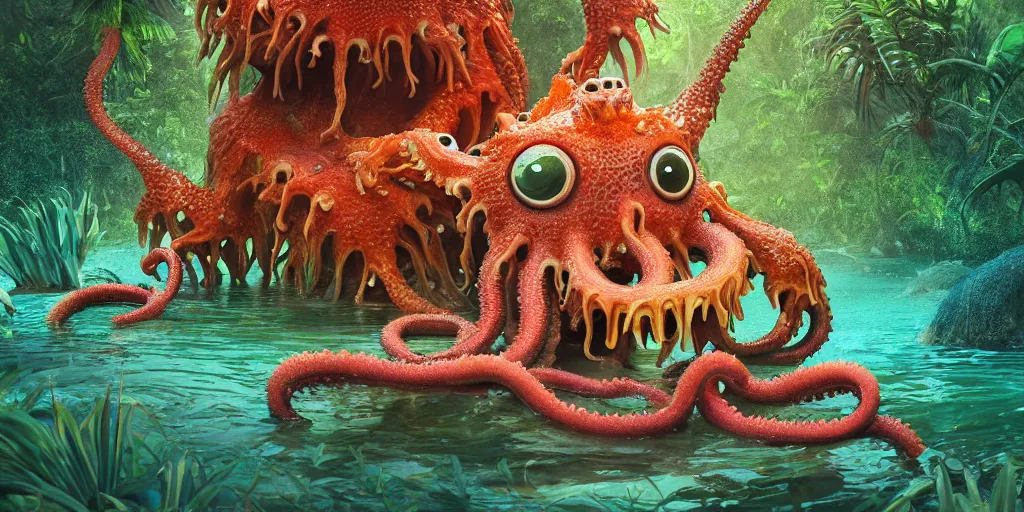 Image similar to of a tropical rainforest lake with strange cute friendly happy creatures with huge eyes, mouth, long tongue, round teeth and tentacles appearing from sandy coral, in the style of gehry and gaudi, macro lens, shallow depth of field, ultra detailed, digital painting, trending artstation, concept art, illustration, cinematic lighting, photorealism, epic, octane render