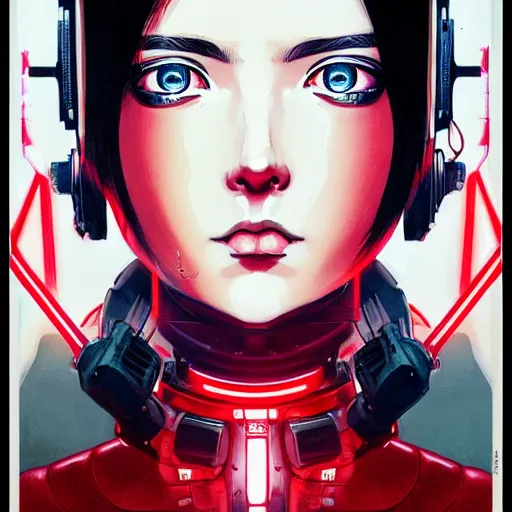 Image similar to A cyborg girl with big and cute eyes, fine-face, realistic shaded perfect face, fine details. red, black and white robotic parts. realistic shaded lighting poster by Ilya Kuvshinov katsuhiro otomo ghost-in-the-shell, magali villeneuve, artgerm, Jeremy Lipkin and Michael Garmash, Rob Rey and Kentarõ Miura style, trending on art station