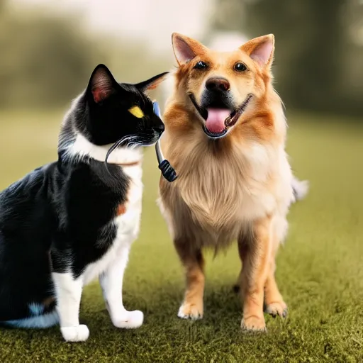 Image similar to a photograph of a dog and a cat wearing headphones in a light room, serene, happy, 8 k resolution, bokeh