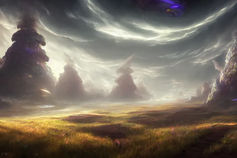 Prompt: a psychedelic realm with rolling plains made out of clouds, and giant portals scattered throughout that lead into the multiverse, in the style of wlop, illustration, epic, fantasy, hyper detailed, smooth, unreal engine, sharp focus, ray tracing