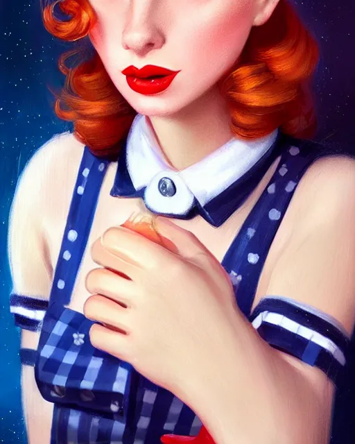 Image similar to 1 9 5 0 s diner waitress, perfect face, red lipstick, blue checkerboard dress, ginger hair, cinematic, blush, stunning, highly detailed, psychedelic, digital painting, artstation, smooth, hard focus, illustration, art by jessica rossier and and brian froud