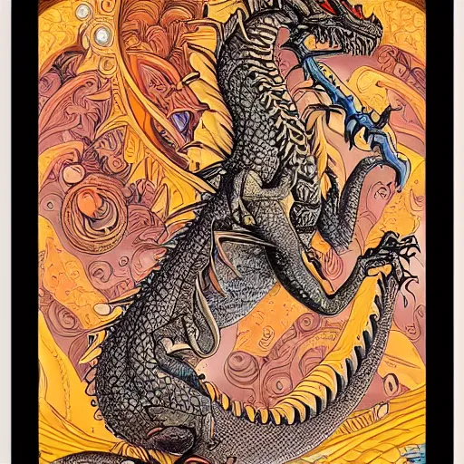 Prompt: a painting of a dragon in a frame, digital art by joe fenton, alex grey, behance contest winner, psychedelic art, psychedelic, lovecraftian, biomorphic, intricate, detailed