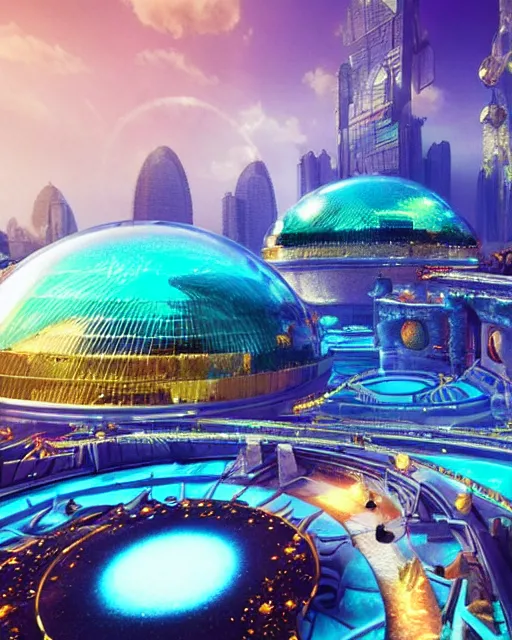 Prompt: amazing futuristic city atlantis bubbles gold gems hyperreality dripping glass domes magic colors, octane render