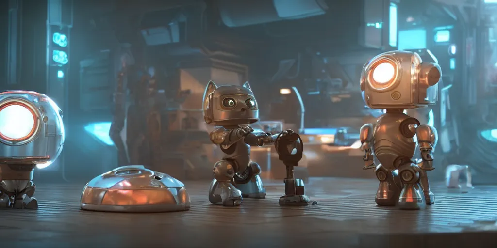 Image similar to a 3 d rendered movie of a cute robot kitten. the robot has rgb lighting implants and it resembles a maine coon kitten. in the background is a cat tree ( cyberpunk ). dramatic lighting. science fiction blockbuster movie, imax 7 0 mm. octane 3 d render, style of mandalorian ( american space western television series )