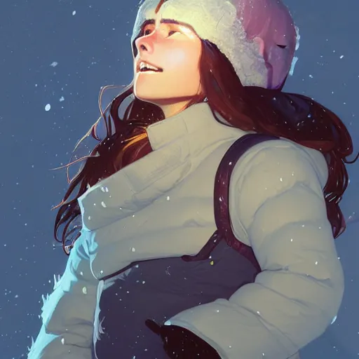 Image similar to portrait of madeline from celeste climbing a snowy mountain, bubble jacket, highly detailed, digital painting, artstation, concept art, sharp focus, illustration, art by greg rutkowski and alphonse mucha