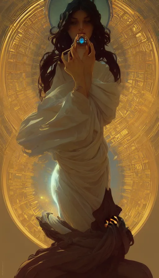 Image similar to a mechanical orb, religious, elegant, intricate, digital painting, artstation, concept art, smooth, sharp focus, illustration, art by artgerm and greg rutkowski and alphonse mucha, no people