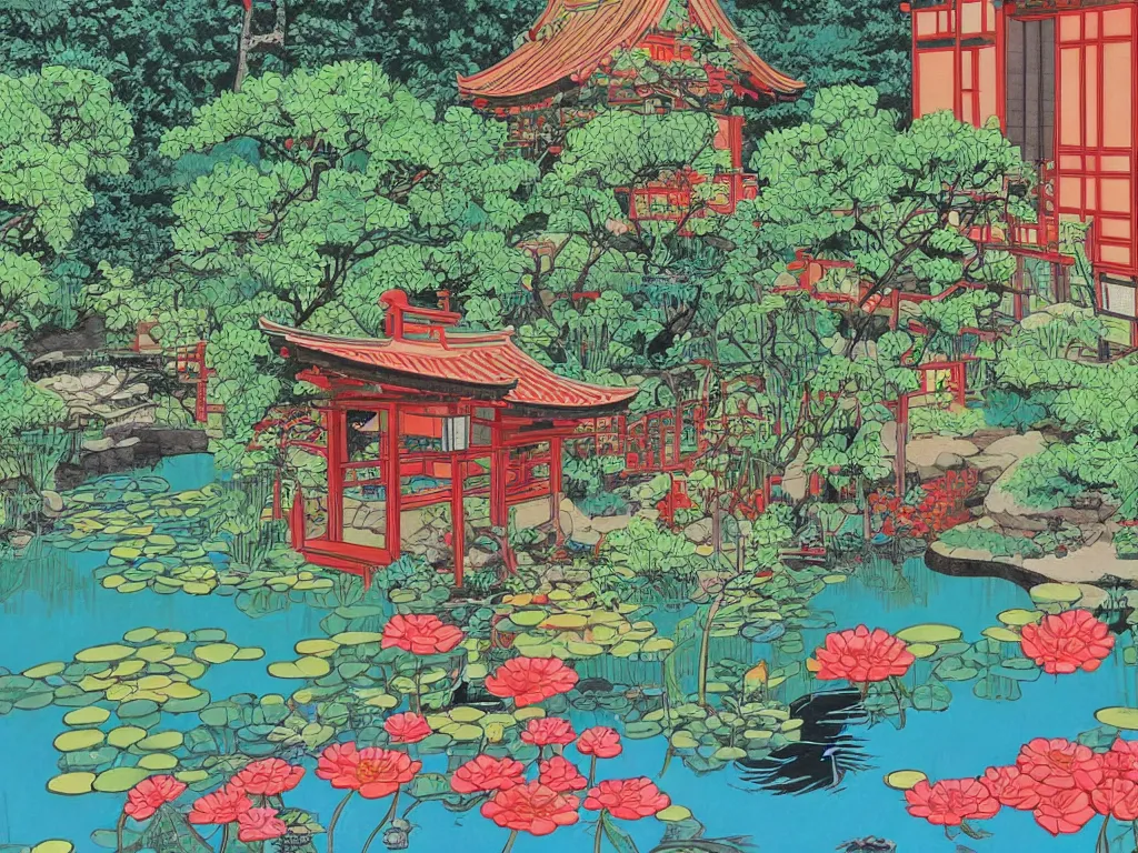 Prompt: painting of a traditional japanese house with a garden, a pond in the garden, startroopers are sitting around the pond, a combination of pop art and traditional japanese painting styles, the style of andy warhol and jackie tsai, bright palette, acrylic on canvas