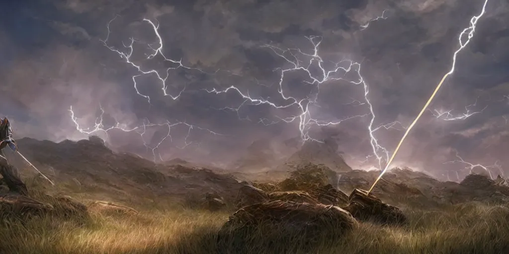 Image similar to lighting strike\'s archers arrow in the sky , fantasy world, realistic, sci-fi, landscape, character design, concept art,