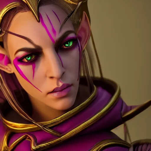 Image similar to portrait of a female high elf with magenta eyes, 3 d octane render trending on art station 8 k