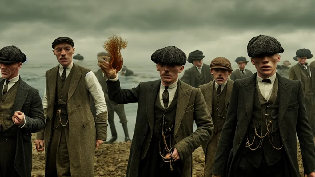 Image similar to the peaky blinders crew with shrimp heads coming out of the ocean film still from the movie directed by denis villeneuve with art direction by zdzis
