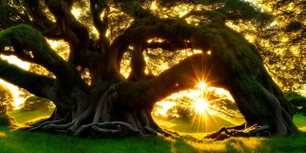 Image similar to magical hobbits shire. big old tree above. golden hours