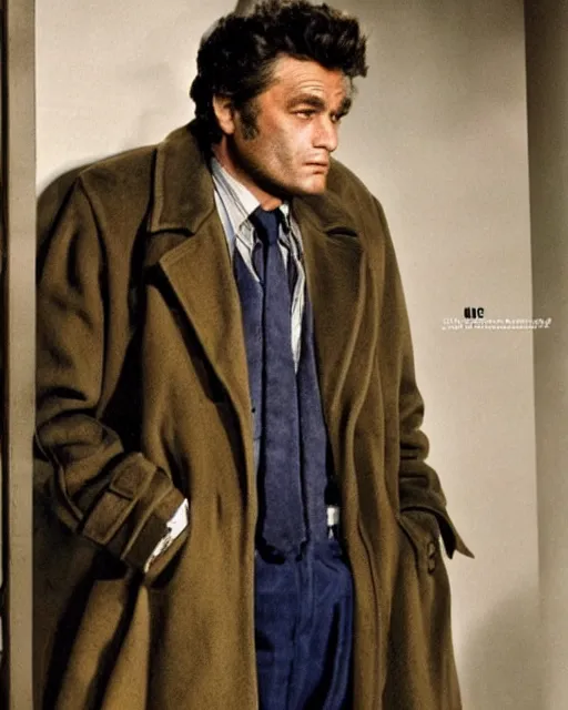 Image similar to genetic combination of peter falk and james dean, detective in overcoat, dynamic lighting, ultra detailed