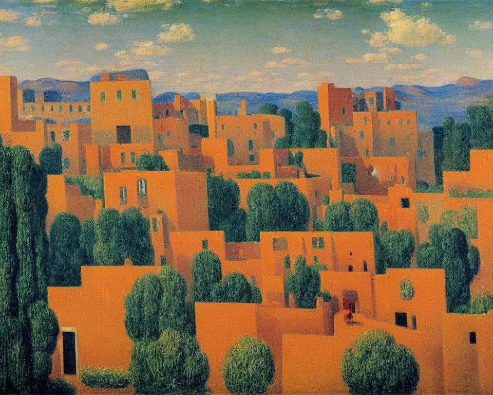 Prompt: achingly beautiful painting of a sophisticated, well - decorated pueblo by rene magritte, monet, and turner.