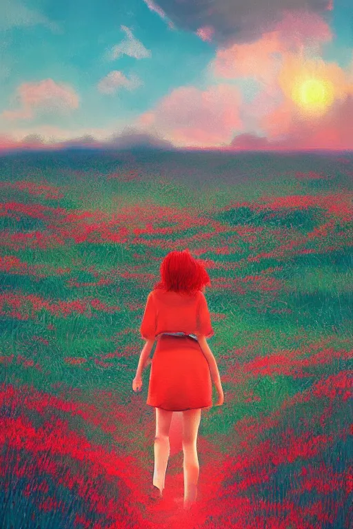 Image similar to red haired girl walking in a flower field, surreal photography, sunrise, dramatic light, impressionist painting, colorful clouds, digital painting, artstation, simon stalenhag