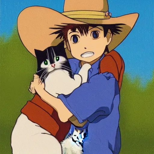 Image similar to art by studio ghibli of a baby kitten wearing a cowboyhat hugging a cat