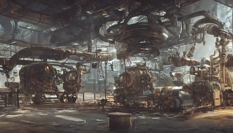 Prompt: the inside of a futuristic mechanic spaceshop coc, highly detailed interior, scrap metal on workbenches, half - finished robot, holographic screen in center frame by peter mohrbacher, cryengine render, hyper realism, realistic shading, cinematic composition, realistic render, octane render, detailed textures, photorealistic, wide shot, fanciful, colorful