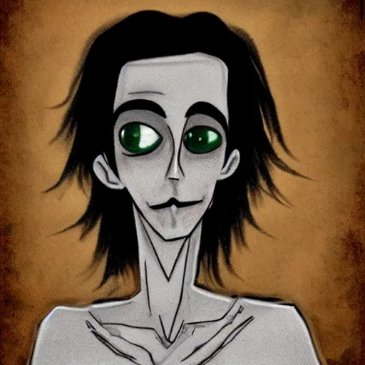 Prompt: young man portrait, black hair, skinny, sleep deprived, corpse bride art style