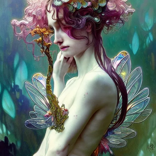 Image similar to An extremely psychedelic fairy made of crystal, surreal, face, detailed, intricate, elegant, lithe, highly detailed, digital painting, artstation, concept art, smooth, sharp focus, illustration, art by Krenz Cushart and Artem Demura and alphonse mucha