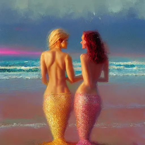 Image similar to twin flame pleadians with mermaid towers and sparkling ocean with pink sunset and mermaids swimming hue highly detailed oil painting hue by craig mullins