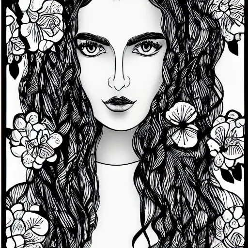Image similar to a pretty elegant women's face in one line art style with flowers, Vika levina, Continuous line art in minimalistic style for prints