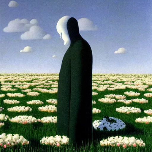 Prompt: white grim reaper with no face looking at you from distance in a beautiful meadow of flowers, highly detailed photo by rene magritte