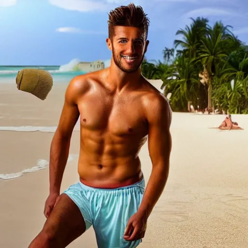 Image similar to a realistic detailed photo of a guy who is handsome soccer player who is taking part in love island