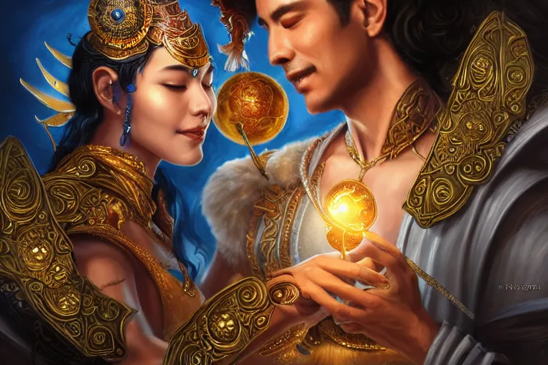 Image similar to close up moment of a divine a sun god and a moon goddess lovers magician at a wedding banquet, highly detailed, d & d, fantasy, highly detailed, digital painting, trending on artstation, concept art, sharp focus, asian feature, illustration, art by artgerm and daniel gerhartz and magali villeneuve