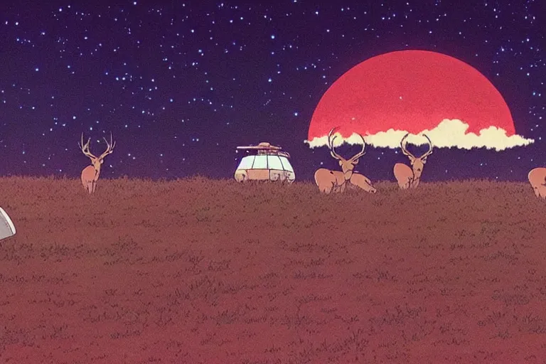 Prompt: a still from a studio ghibli film of a group of deer watching giant ufo from princess mononoke ( 2 0 0 4 ) at night on a desert road, full body, wide shot, very muted colors, post grunge, studio ghibli, laurie greasley, highly detailed, deviantart, art by artgem