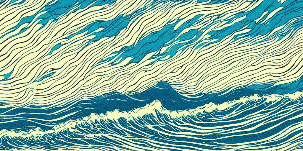 Prompt: clouds and waves, An aesthetically pleasing, dynamic, energetic, lively, well-designed digital art of a beach, ripples, waves, sea foam, light and shadow, overlaid with aizome patterns, Shin-hanga by Bob Ross, traditional Japanese colors, superior quality, masterpiece