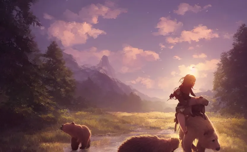 Image similar to a girl riding a grizzly bear, full shot, atmospheric lighting, detailed faces, by makoto shinkai, stanley artgerm lau, wlop, rossdraws