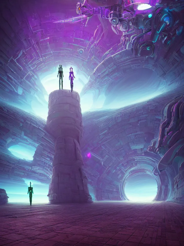 Image similar to entrance to ethereal realm, humans and robots, rendered in unreal engine, central composition, symmetrical composition, dreamy colorful cyberpunk colors, 6 point perspective, fantasy landscape with anthropomorphic!!! terrain!!! in the styles of igor morski, jim warren, and rob gonsalves, intricate, hyperrealistic, volumetric lighting, big sky, distinct horizon