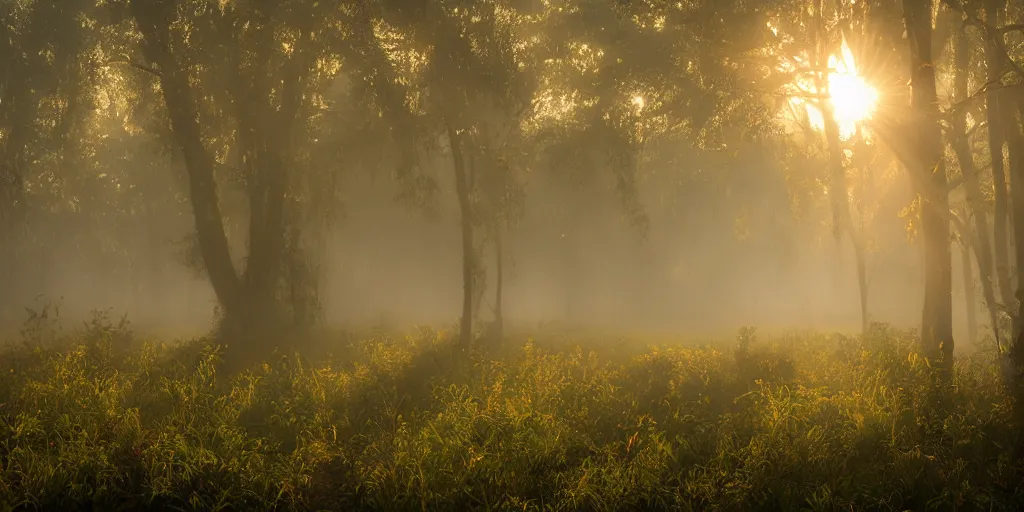 Image similar to misty swamp, hazy fog, sundown golden hour, early morning dance, fireflies and sparkling wisps, sun rays through trees, Lilia Alvarado, Sophie Anderson, Mark Arian, Bob Byerley, Charlie Bowater, Mark Brooks, Steve Henderson, Justin Gerard, Arthur Hughes, Edward Robert Hughes, Mark Keathley, Victor Nizovtsev, Carlos Shwabe, Ross Tran, WLOP