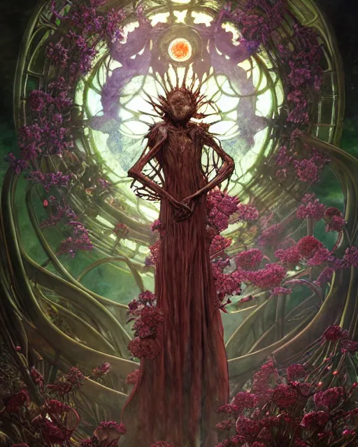 Image similar to the platonic ideal of flowers, rotting, insects and praying of cletus kasady carnage davinci dementor chtulu mandala howl's moving castle dinotopia bioshock the witcher, fantasy, ego death, decay, dmt, psilocybin, concept art by randy vargas and greg rutkowski and ruan jia and alphonse mucha