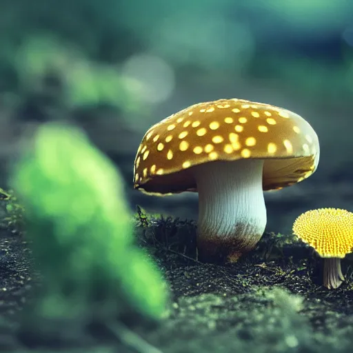 Prompt: golden teacher mushroom in backlighting to dropping spores, unreal engine, closeup