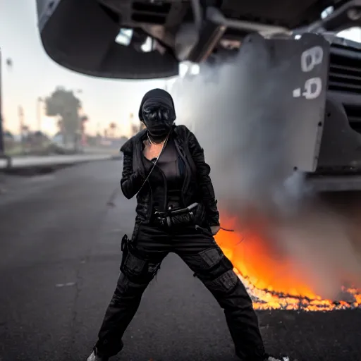 Image similar to Candid extreme wide shot of a poor techwear mixed woman with short hair and tattoos outside of a futuristic Los Angeles on fire, a police MRAP on fire, cyberpunk, 4k, extreme long shot, desaturated, full shot, action shot, motion blur, depth of field, sigma 85mm f/1.4, high resolution, 4k, 8k, hd, full color, award winning photography, war photography