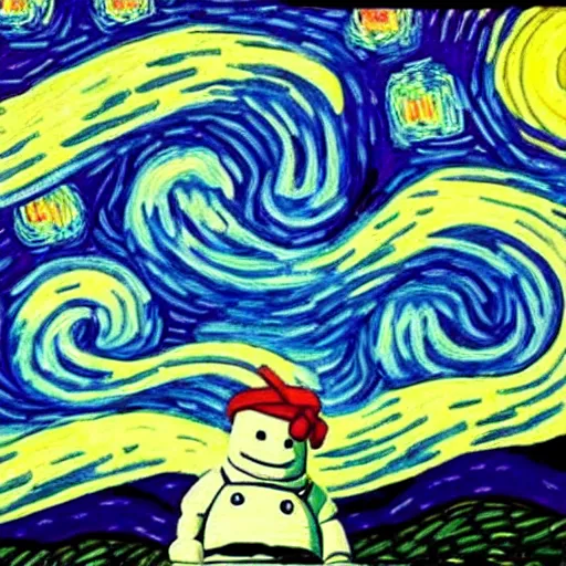 Prompt: painting of a giant angry stay puft marshmallow man in the style of starry night by vincent van gogh intricate detail,